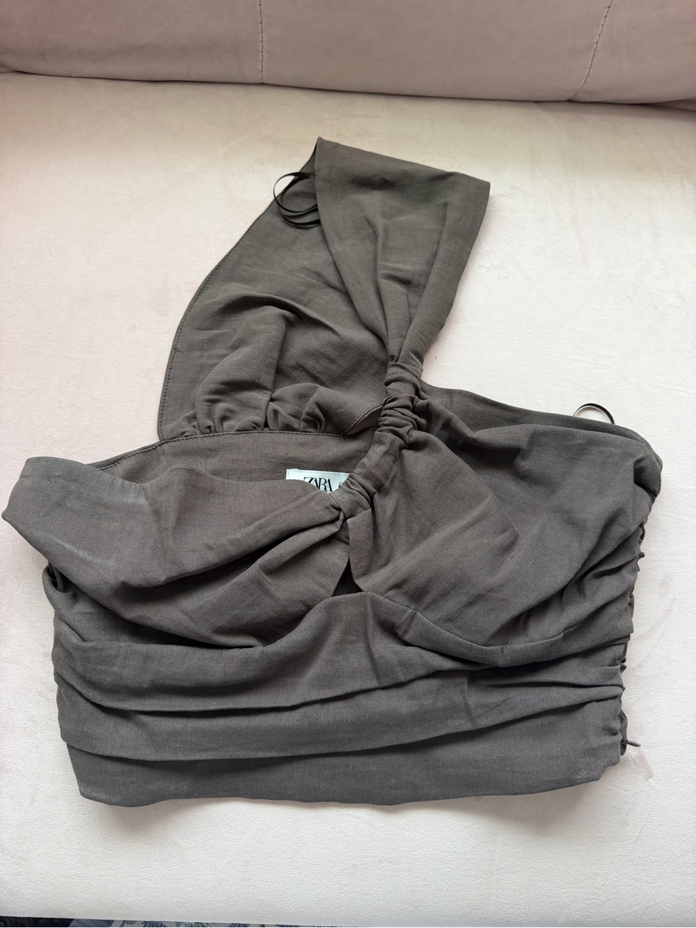 ZARA Olive One-Shoulder Ruched Twist Crop Top
